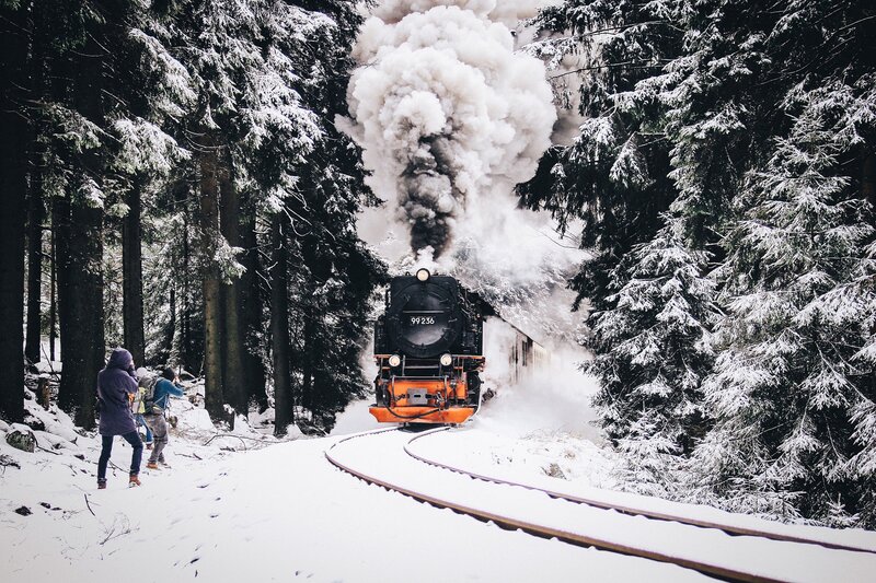 Steam Train in Snow — White, Dramatic, Winter, Photograph, People
