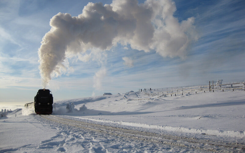 Steam Train in Snow — White, Dramatic, Winter, Photograph, Smoke