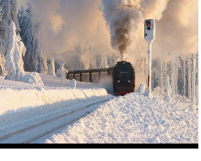 Steam Train in Snow — White, Dramatic, Winter, Photograph, Snow-covered Trees