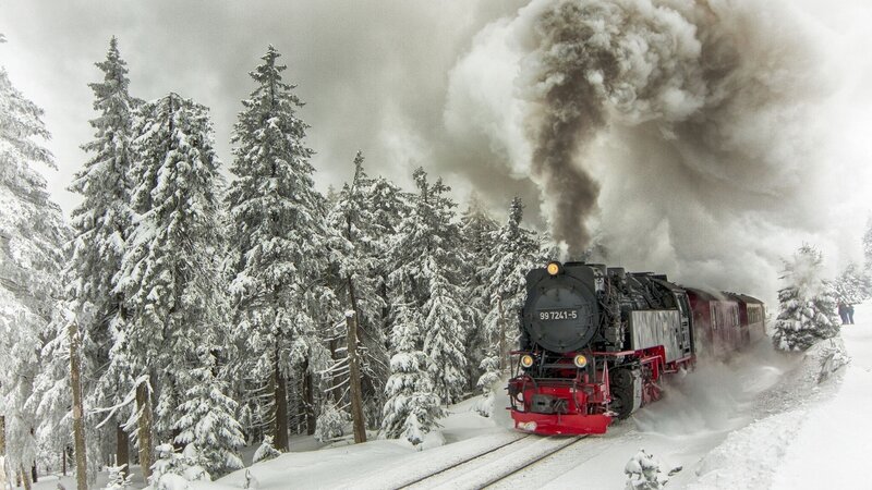 Steam Train in Snow — White, Dramatic, Winter, Photograph, Snowy Forest