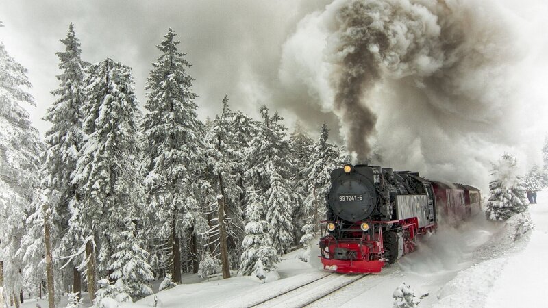 Steam Train in Snow — White, Dramatic, Winter, Photograph, Snowy Forest, Trees