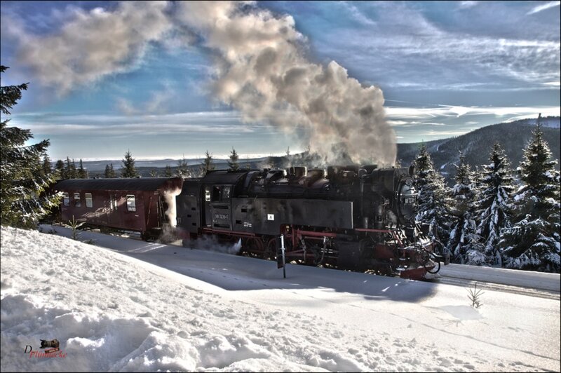 Steam Train in Snow — White, Dramatic, Winter, Photograph, Trees, Mountains