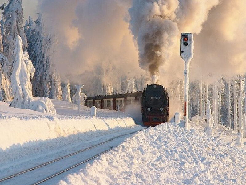 Steam Train in Snow — White, Dramatic, Winter, Photograph, Trees, Signal Light