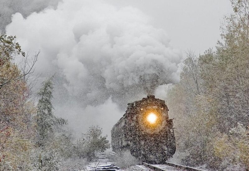 Steam Train in Snow — White, Dramatic, Winter, Photograph, Trees, Smoke
