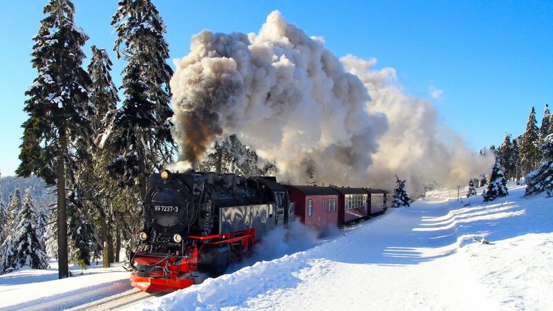 Steam Train in Snow — White, Dramatic, Winter, Photograph, Trees