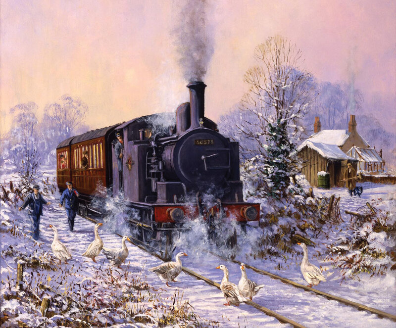 Steam Train in Snow — White, Peaceful