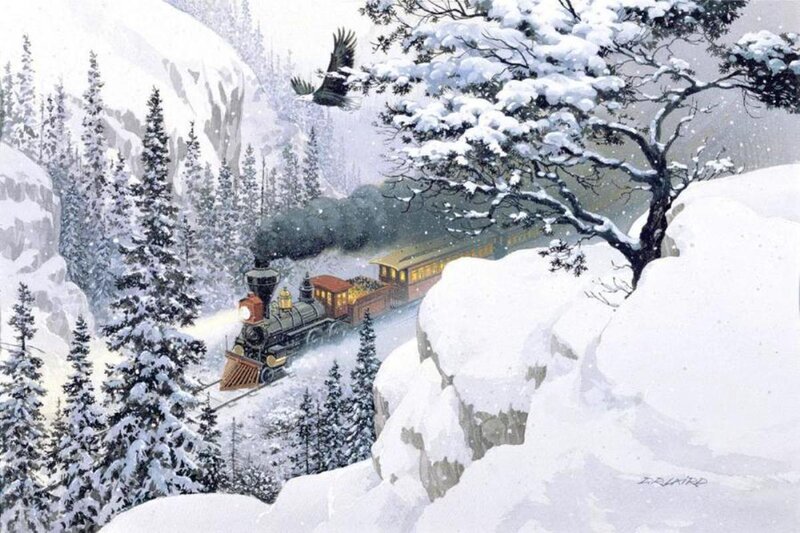 Steam Train in Snow — White, Serene
