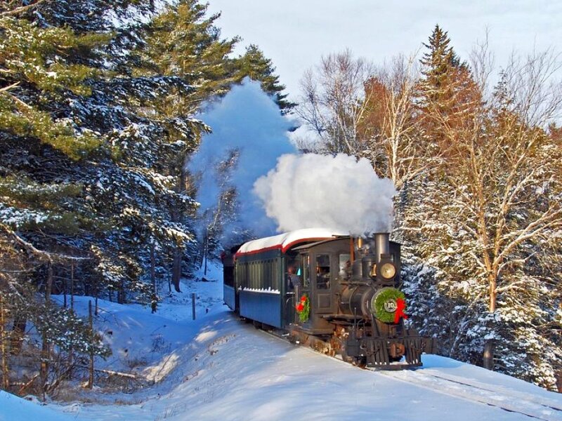 Steam Train in Snow — White