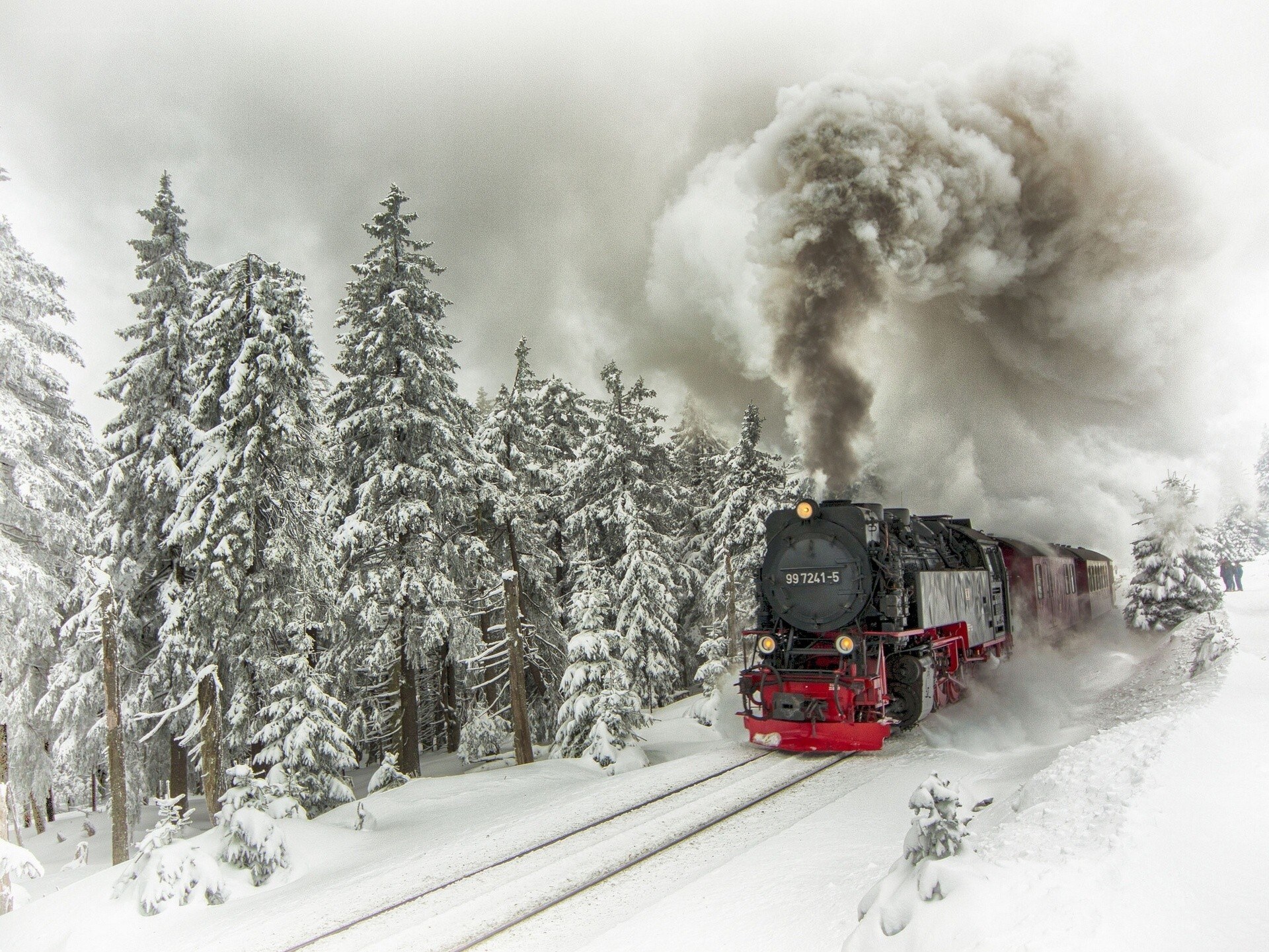 Steam train in snowy forest