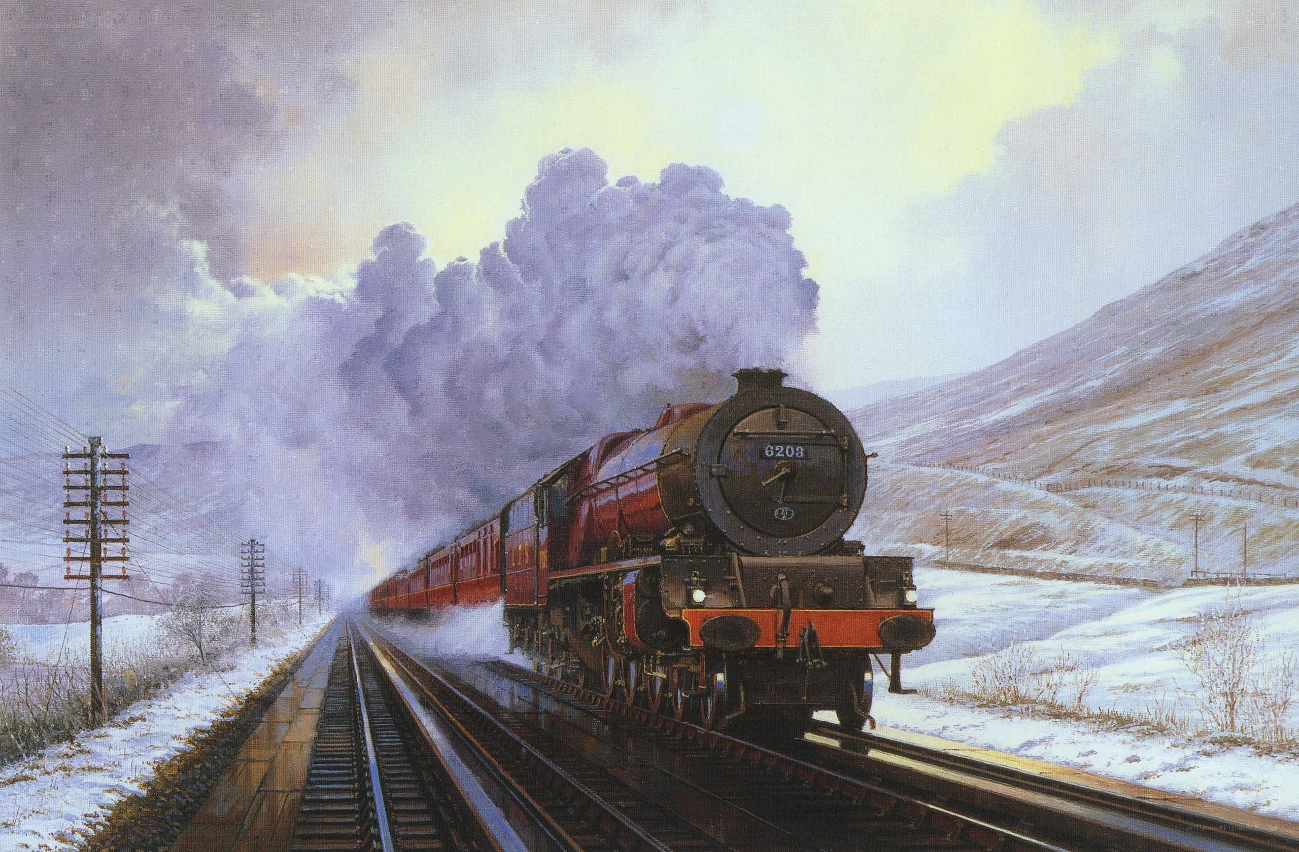 Steam train in snowy landscape