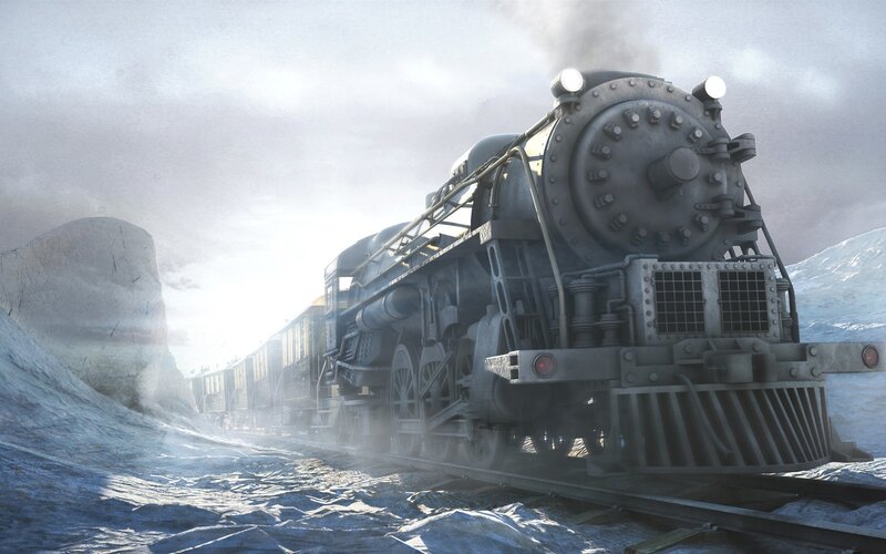 Steam train in snowy landscape