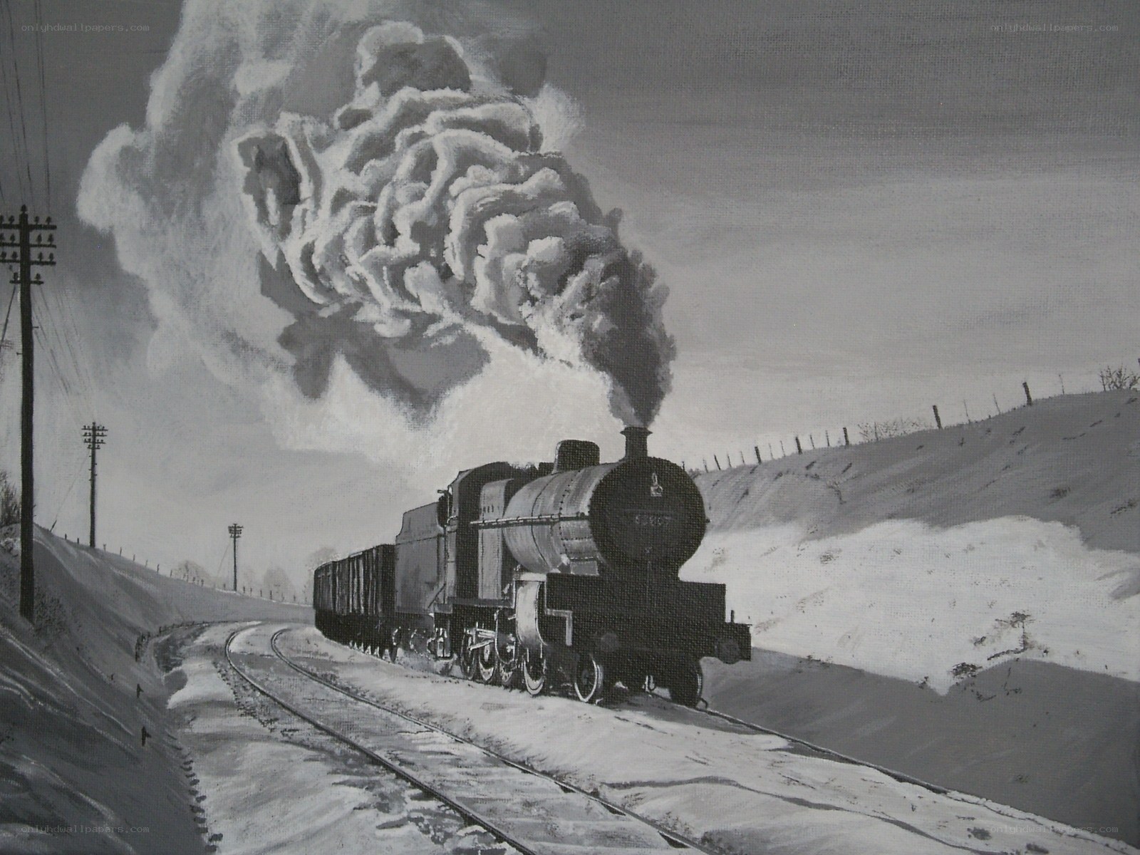 Steam train in snowy landscape