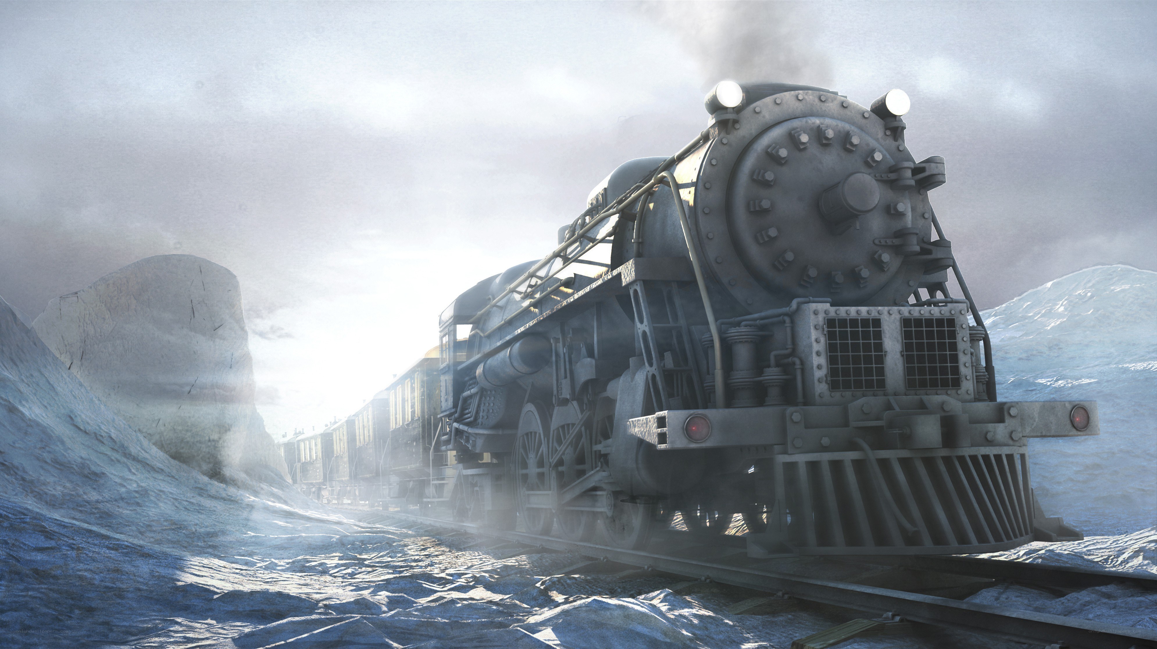 steam train in snowy landscape