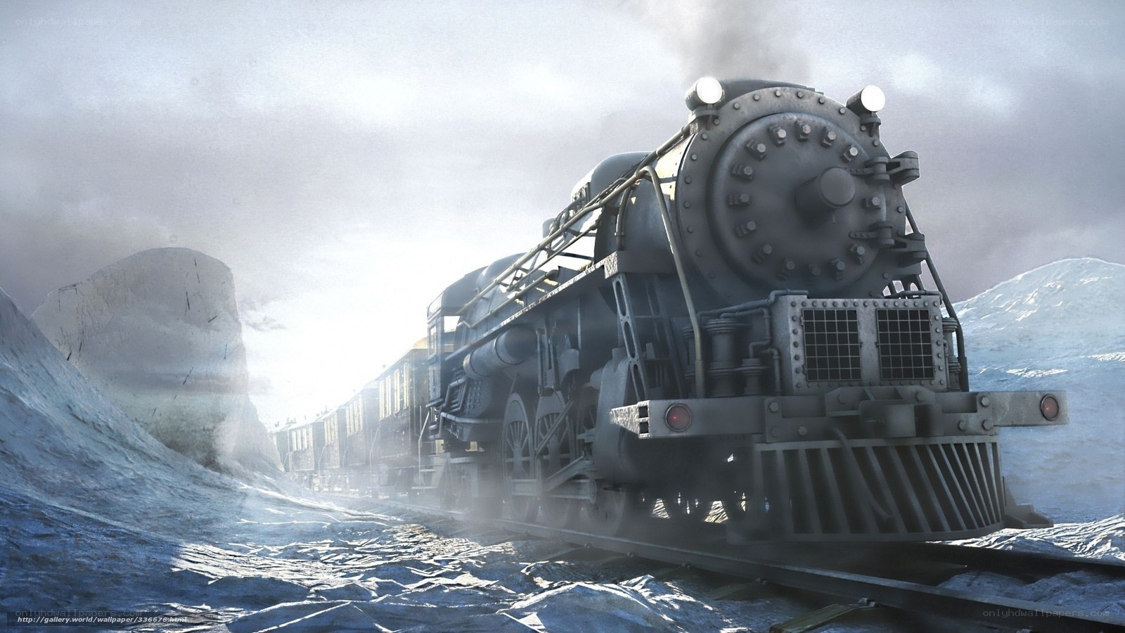 Steam train in snowy landscape