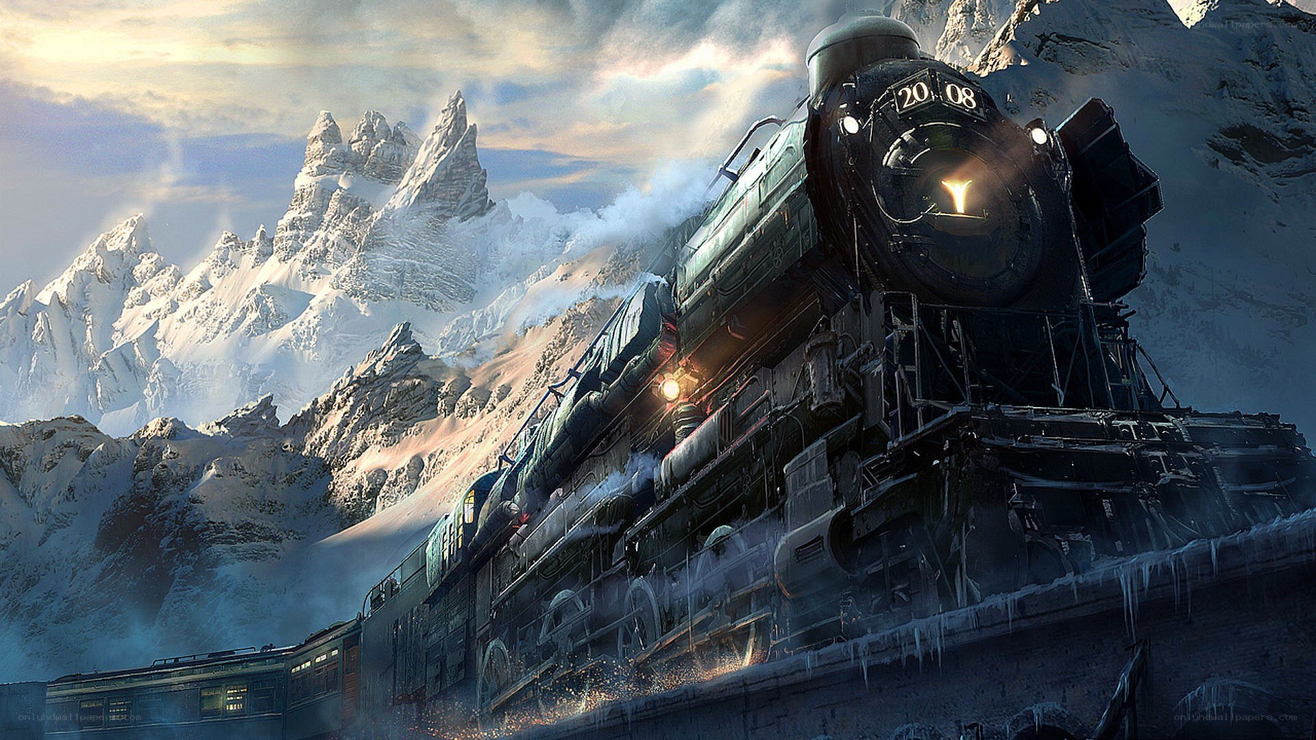 Steam train in snowy mountains