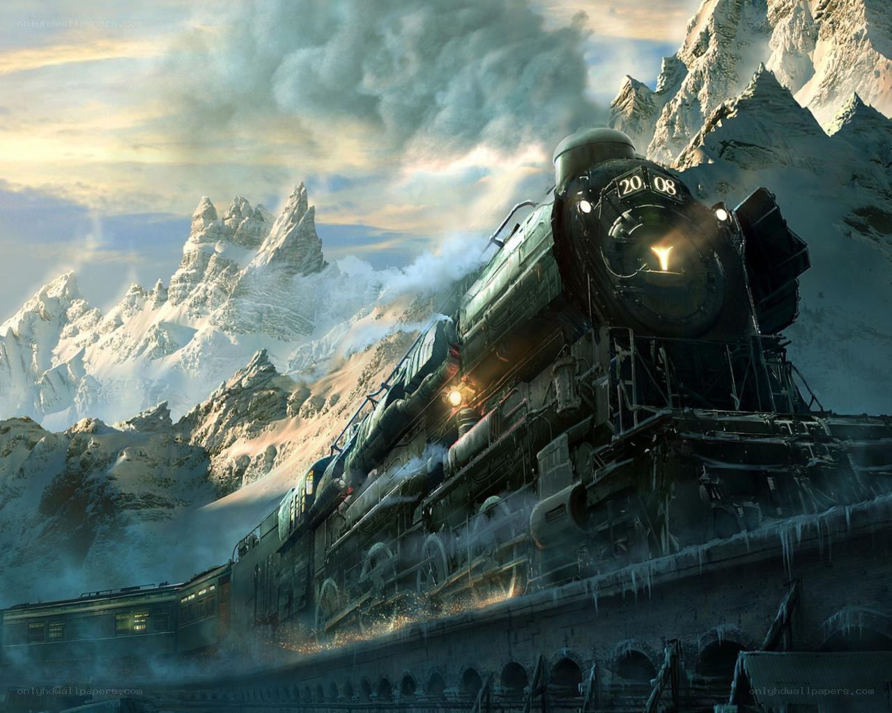Steam train in snowy mountains