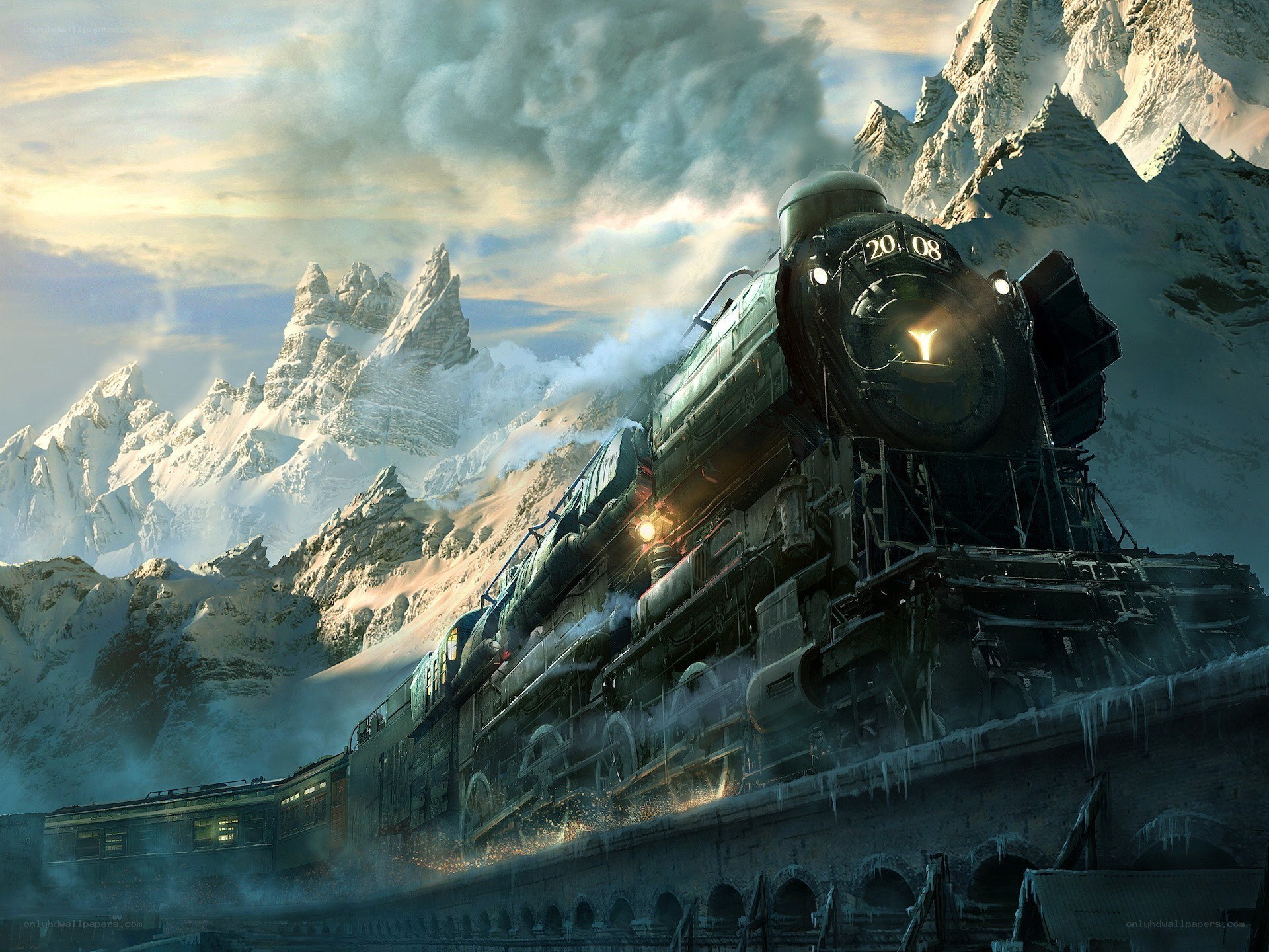 Steam train in snowy mountains