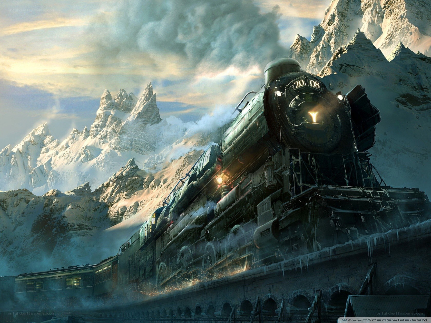 Steam train in snowy mountains