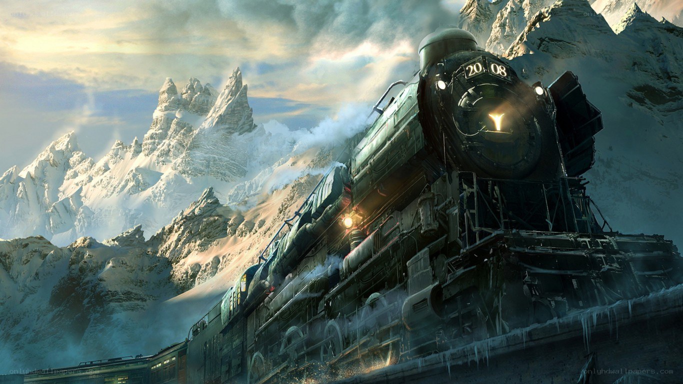 Steam train in snowy mountains