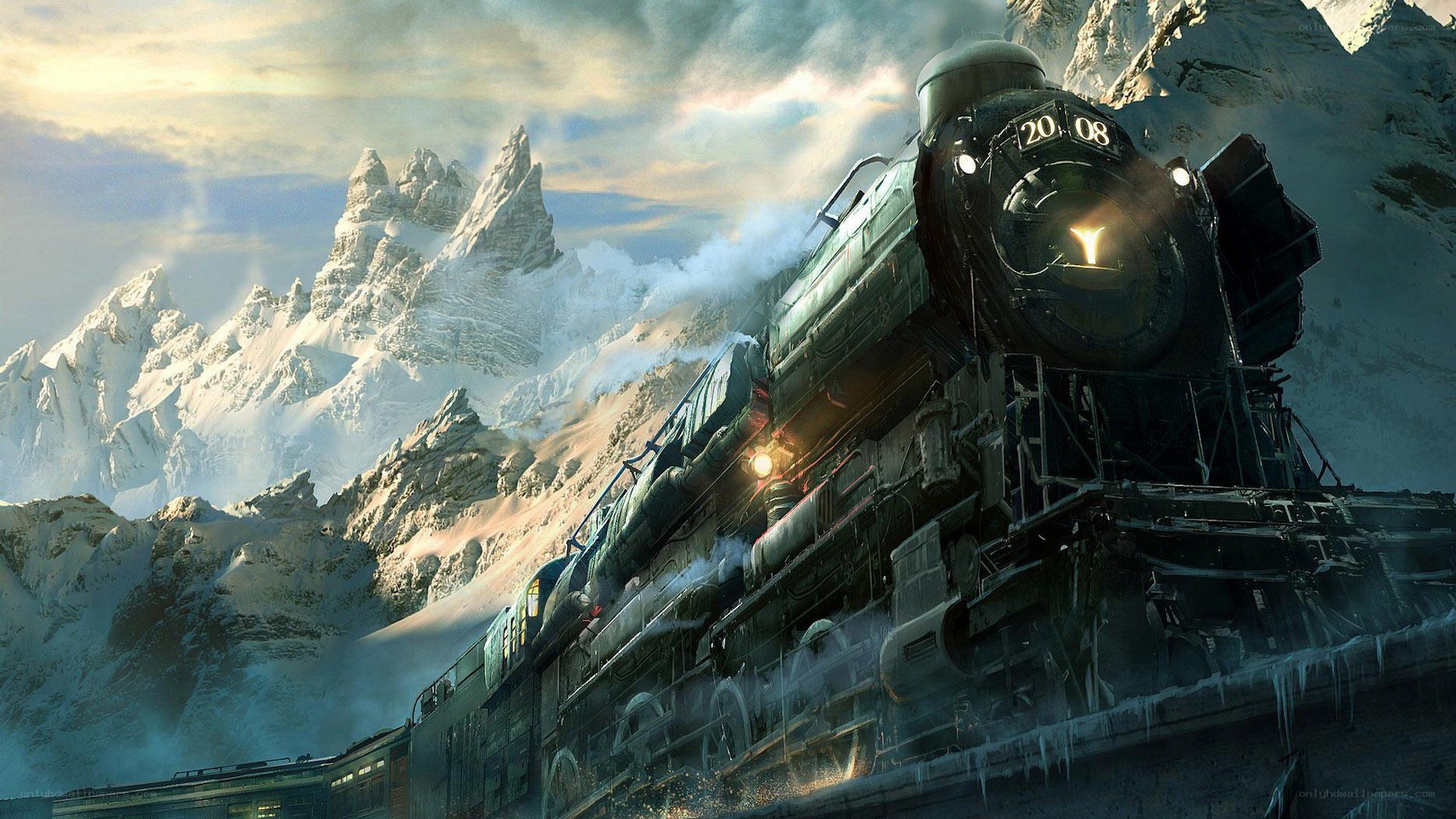 Steam train in snowy mountains