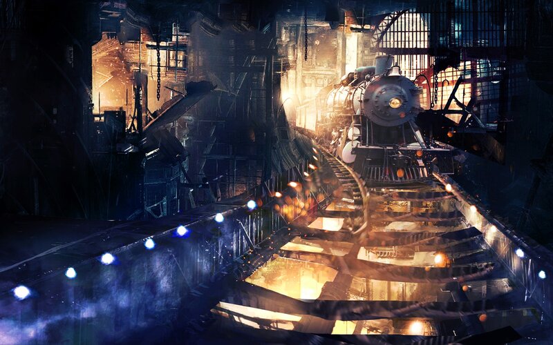 Steam Train in Station — Black, Dramatic, Night, Digital Art
