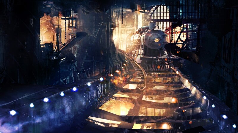Steam Train in Station — Black, Dramatic, Night