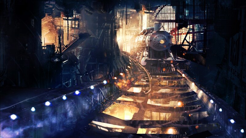Steam Train in Station — Black, Dramatic