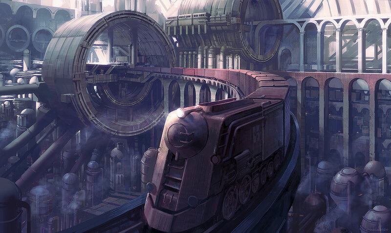 Steam Train in Station — Purple