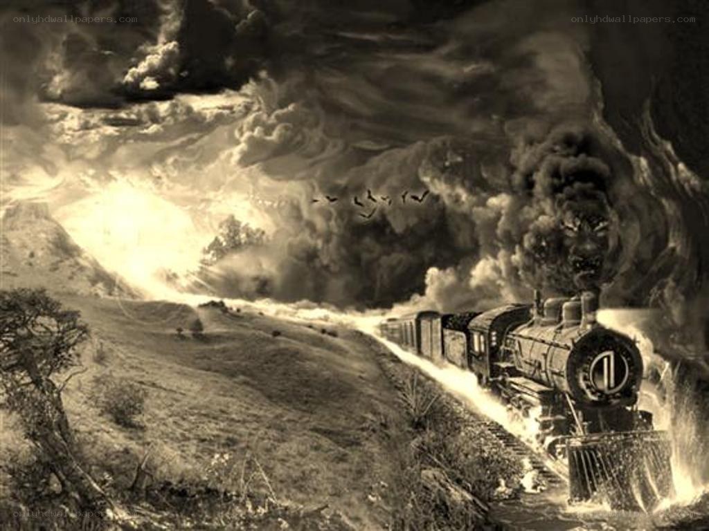 Steam train in stormy landscape