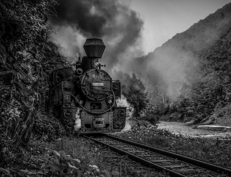 Steam Train in Valley — Black