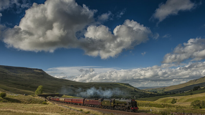 Steam Train in Valley — Blue