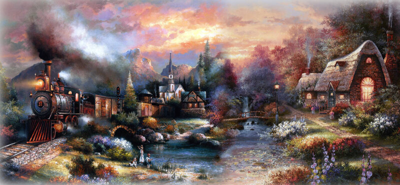 Steam Train in Village — Orange