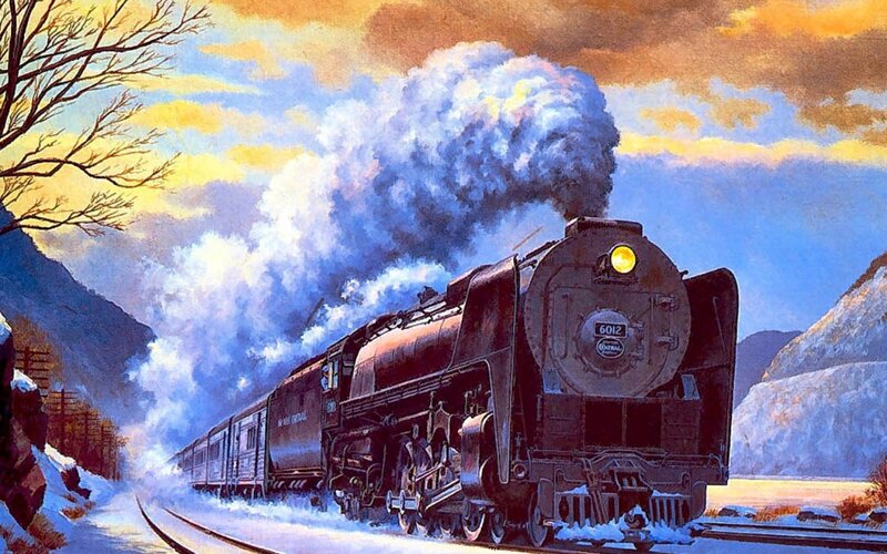 Steam Train in Winter — Blue