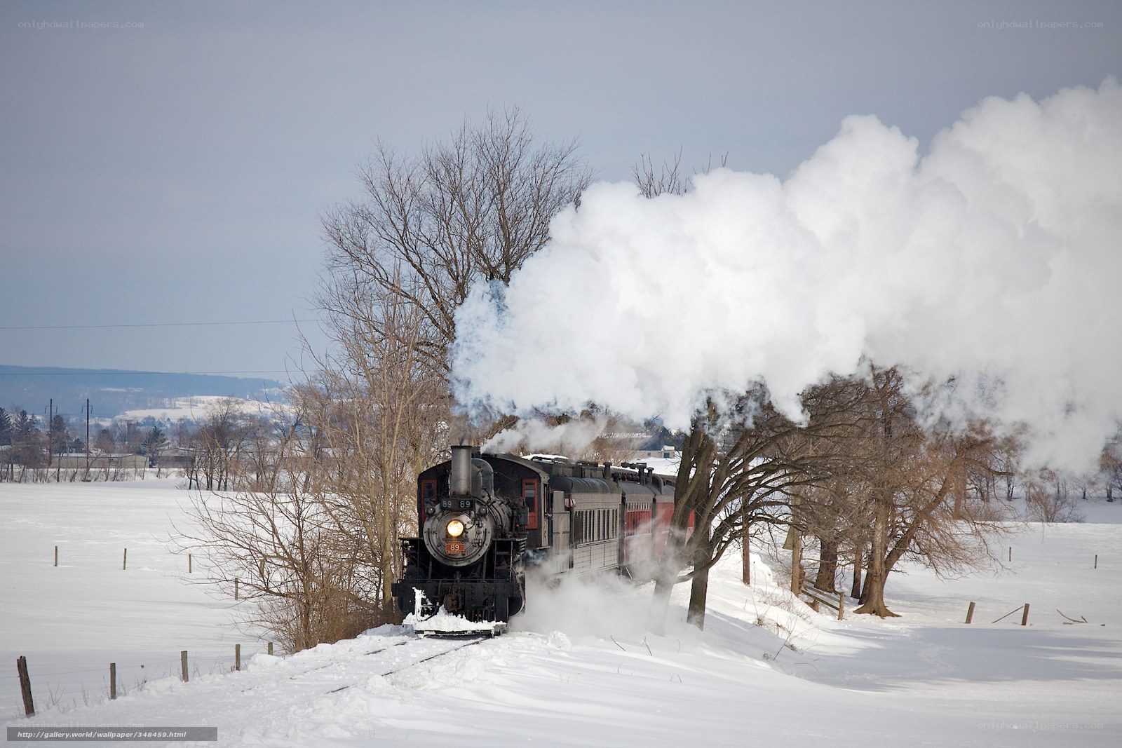 Steam train in winter landscape
