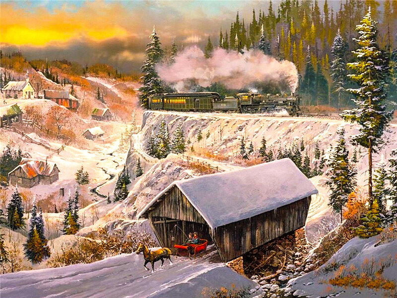 Steam Train in Winter — White, Dramatic, Painting