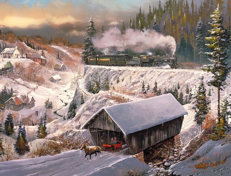 Steam Train in Winter — White, Dramatic