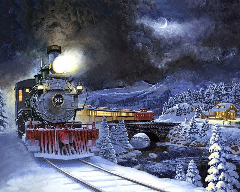 Steam Train in Winter — White