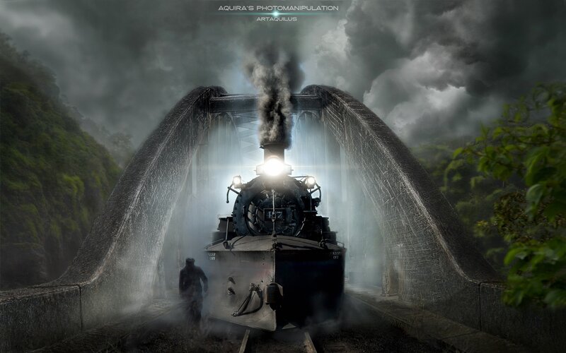 Steam train on a bridge