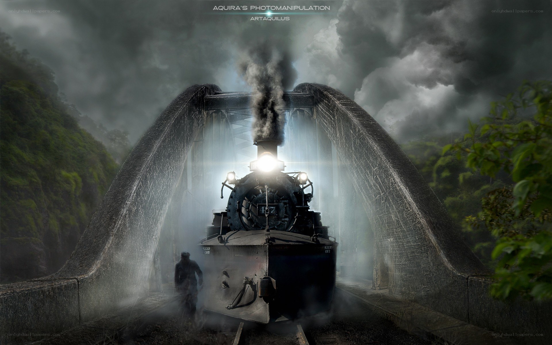 Steam train on a bridge