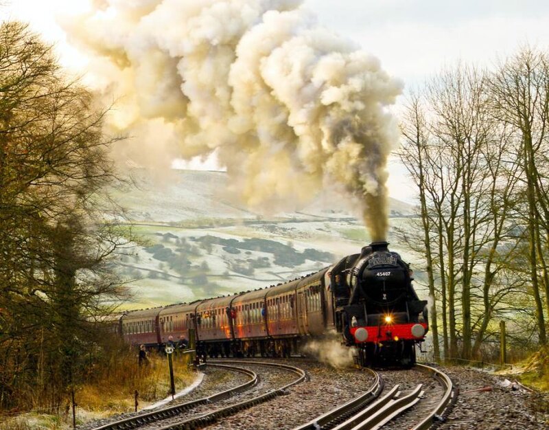 Steam train on a curving track