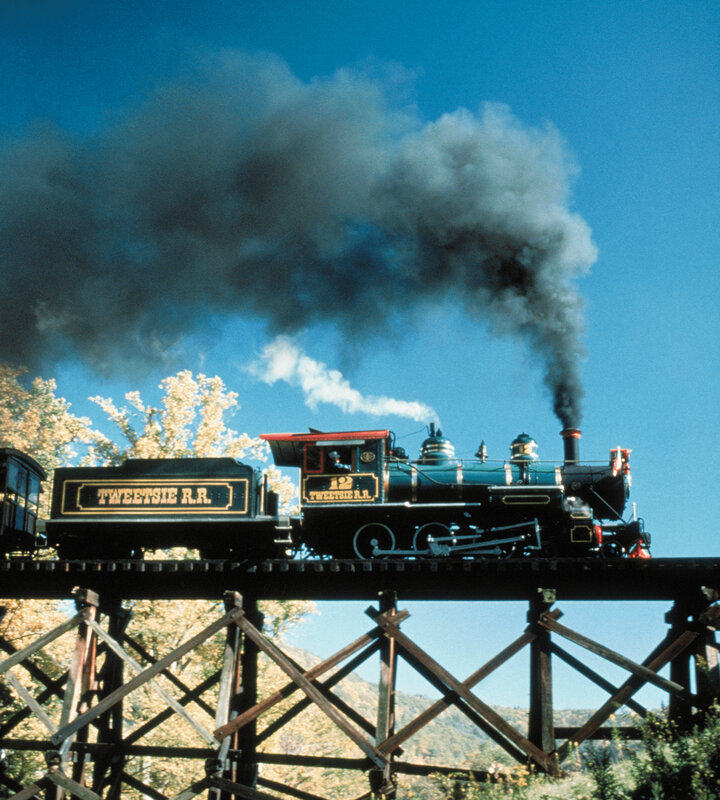 Steam train on a trestle