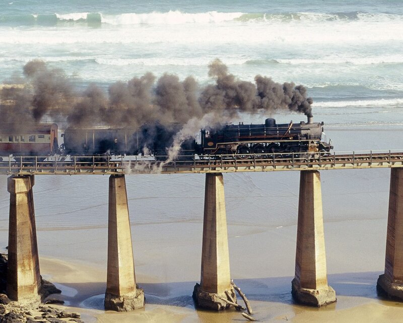 Steam Train on Bridge — Black, Dramatic, Afternoon, Photograph