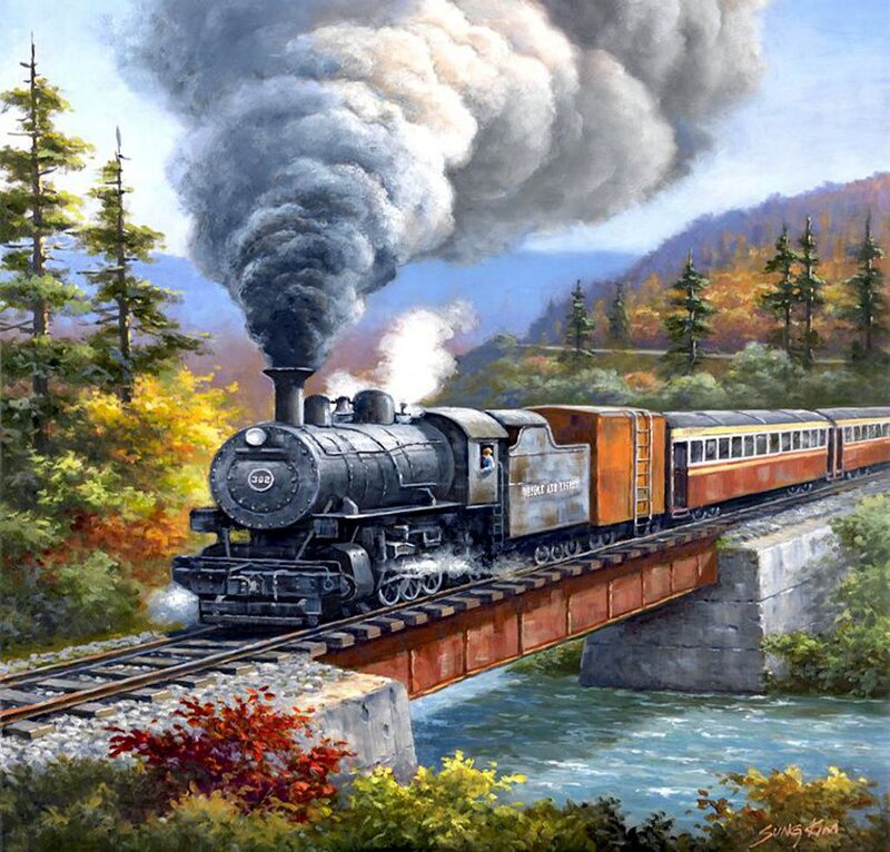 Steam Train on Bridge — Black, Dramatic, Autumn, Painting