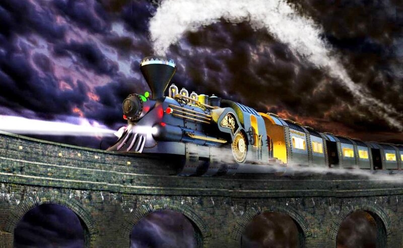 Steam Train on Bridge — Black, Dramatic, Night