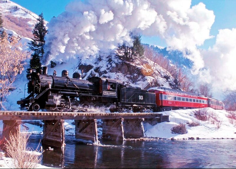 Steam Train on Bridge — Black, Dramatic, Winter, Photograph
