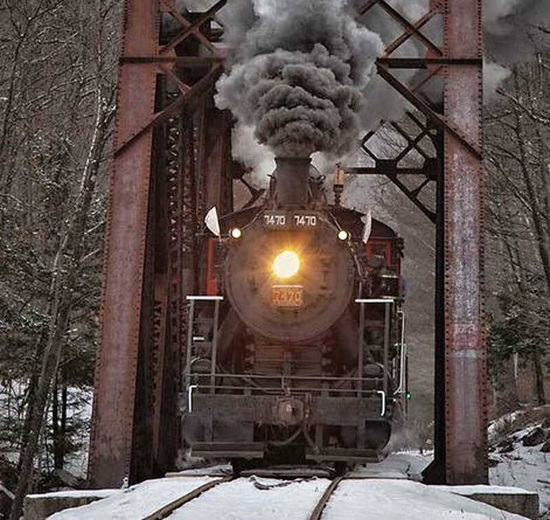 Steam Train on Bridge — Black, Dramatic, Winter