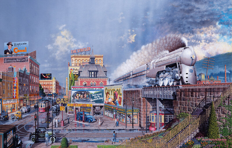 Steam Train on Bridge — Blue, Dramatic, Afternoon, Illustration