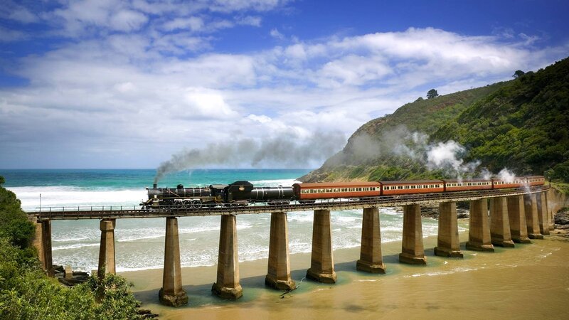 Steam Train on Bridge — Blue, Dramatic, Afternoon, Photograph