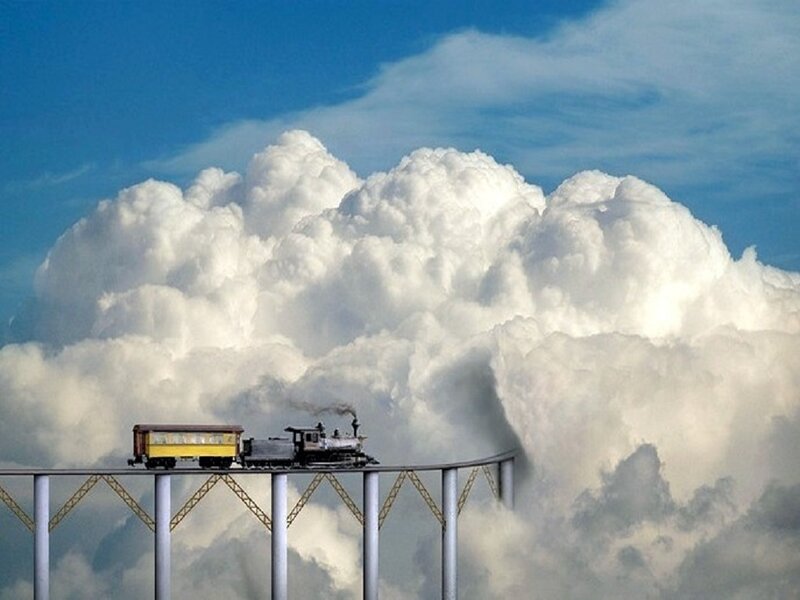 Steam Train on Bridge — Blue, Dramatic, Afternoon