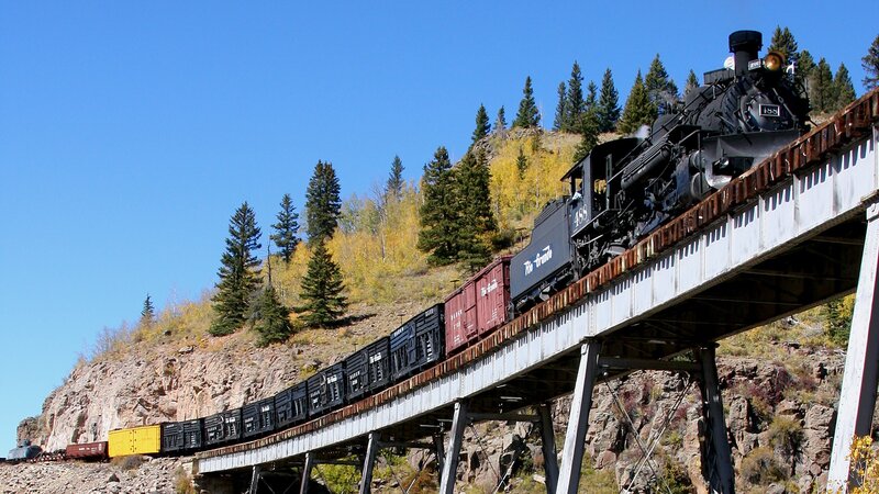 Steam Train on Bridge — Blue, Dramatic, Autumn, Photograph